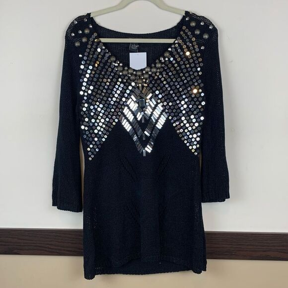 BCBGMAXAZRIA Black Knit V Neck Sweater Embellished Silver Studs & Sequins Large - Picture 1 of 9